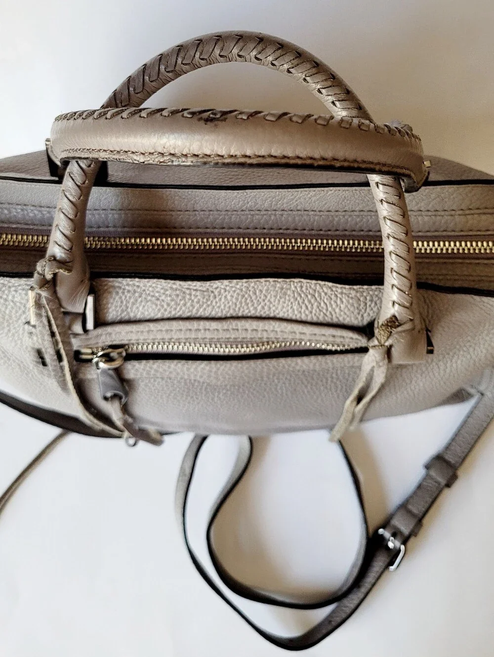 Rebecca Minkoff Regan 100% Genuine Pabbled Leather Bag Laptop Size Taupe Gray